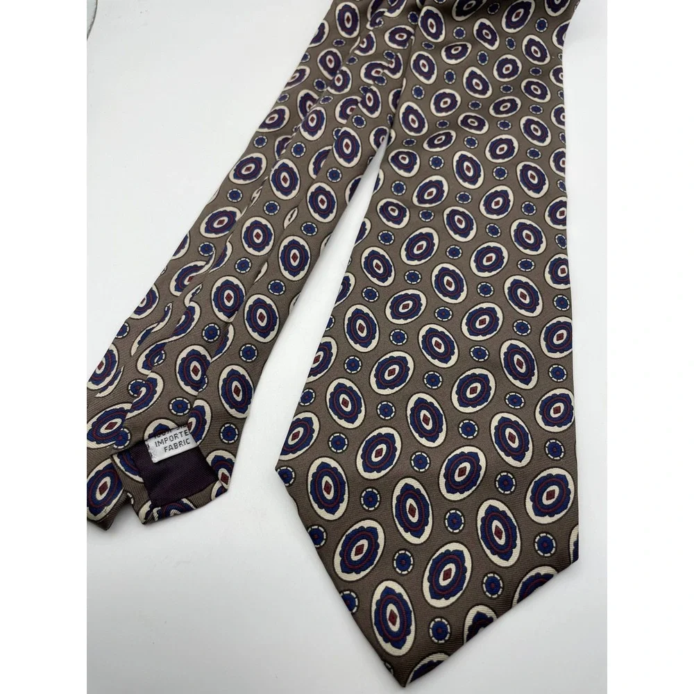 Salvatori Mens Silk Tie Taupe Blue Burgundy Geometric Medallion Pattern Classic